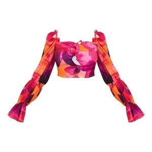 Orange Floral print woven stretch frill ruched front long sleeve crop top